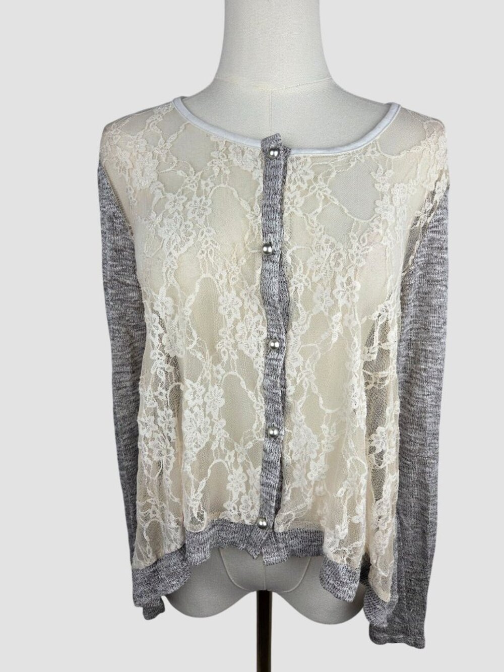 Surrealist Lace Cardigan Sz S Gray Cream Button‎ Front Sweater Fairycore Boho